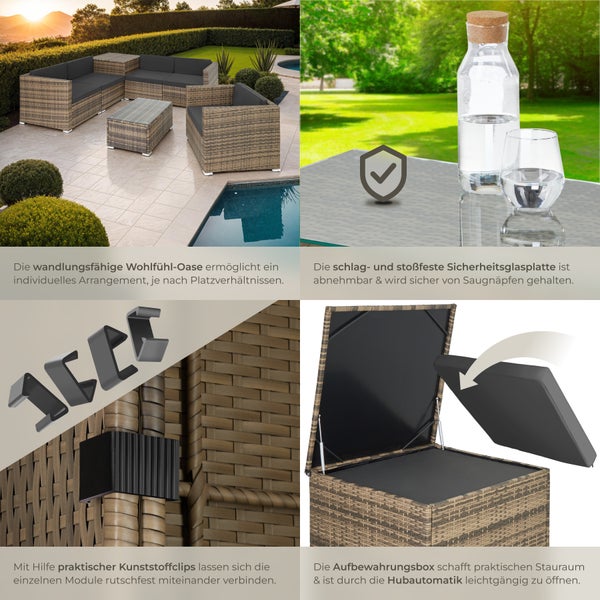 Rattan Lounge tectake Pisa inklusive großer Aufbewahrungsbox für 5 Personen natur