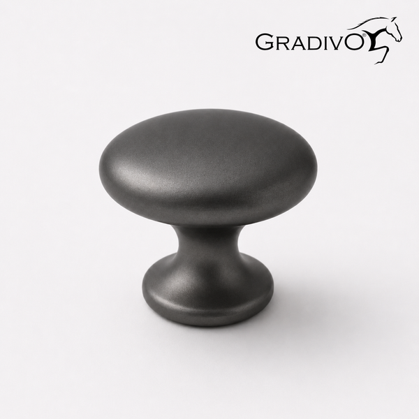 Gradivo Möbelknopf aus Metall in Dunkelgrau matt, pilzförmig. Gradivo Logo.