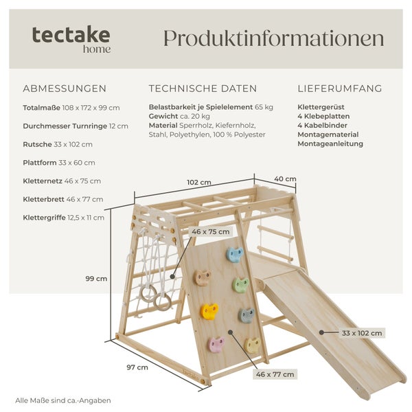 Tectake Home Klettergerüst für Kinder mit Rutsche Kletternetz und Turnringen inklusive Maßangaben und technischer Produktdetails