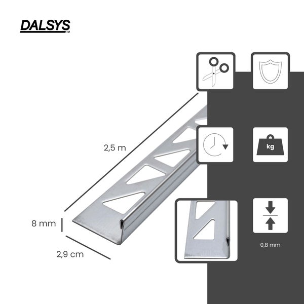 Dalsys Logo. Metall-Fliesenprofil, 2,5 Meter Länge, 8 Millimeter Höhe, 0,8 Millimeter Materialstärke. Das Produkt ist kürzbar und belastbar.
