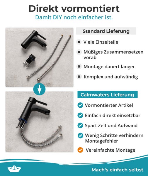 Vergleich einer Standardlieferung mit vielen Einzelteilen und einer vormontierten Calmwaters Armatur für eine einfache Montage.