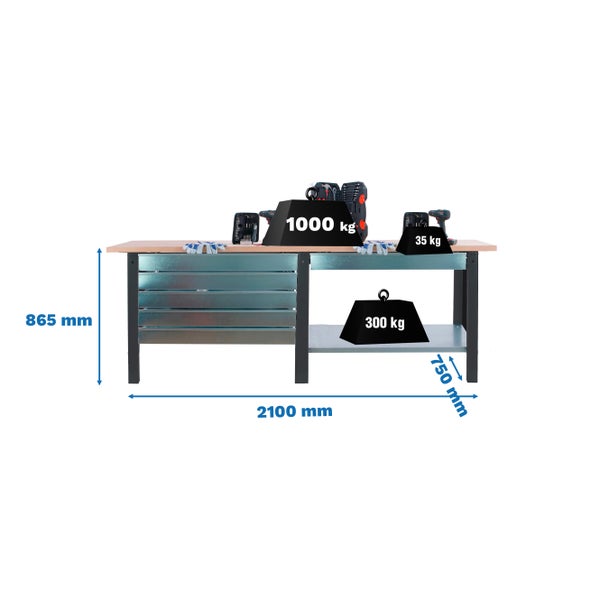 Werkbank BUFFALO WOOD mit 6x Schublade| HxBxT 86,5x210x75cm | Traglast 1000kg | Anthrazit