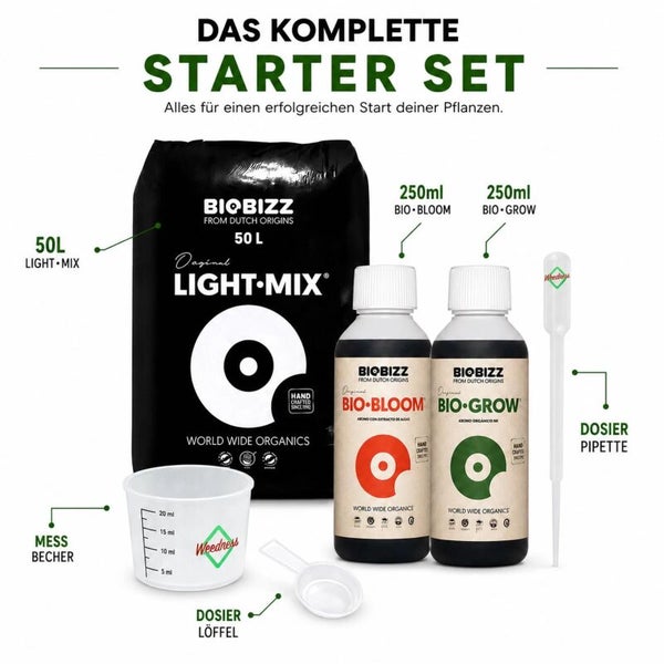 BioBizz Starter Set mit 50 Liter Light-Mix Erde, 250 Milliliter Bio-Bloom, 250 Milliliter Bio-Grow, Messbecher, Dosierlöffel und Pipette.
