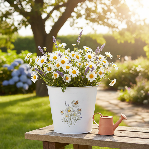 Weißer Metallkübel mit Margeriten und Lavendel auf einer Holzbank neben einer kleinen Gießkanne in einem sonnigen Garten.
