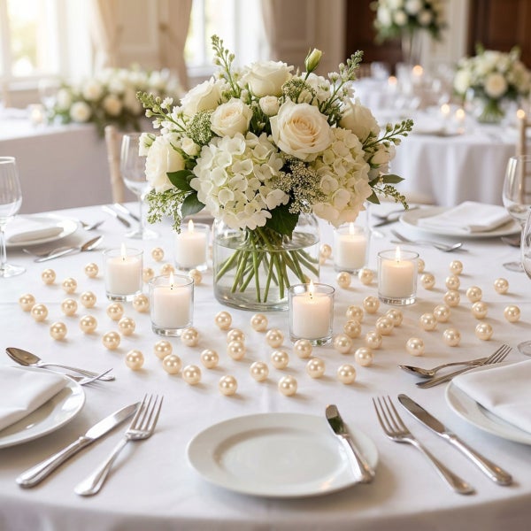 Festlich gedeckter Tisch mit Blumengesteck, Kerzen und Perlendekoration für Veranstaltungen und Hochzeiten.