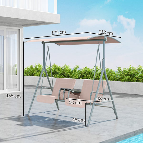 Outsunny Hollywoodschaukel mit Becherhalter und Seitentasche, 2-Sitzer Gartenschaukel mit Sonnendach, Schaukelbank belast bis 180 kg, Gartenliege für Garten, Terrasse, 175 x 112 x 165 cm, Beige