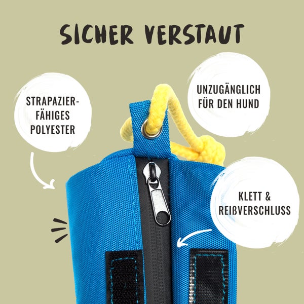 Detailansicht einer Aufbewahrungstasche aus widerstandsfähigem Polyester mit Klettverschluss und Reißverschluss, sicher verstaut und unzugänglich für den Hund.