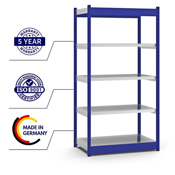 PROREGAL Fachbodenregal Stecksystem Vierkant-Profil Grundregal HxBxT 200 x 102,5 x 50 cm 5 Ebenen Einseitige Bauart Fachlast 200 kg Enzianblau