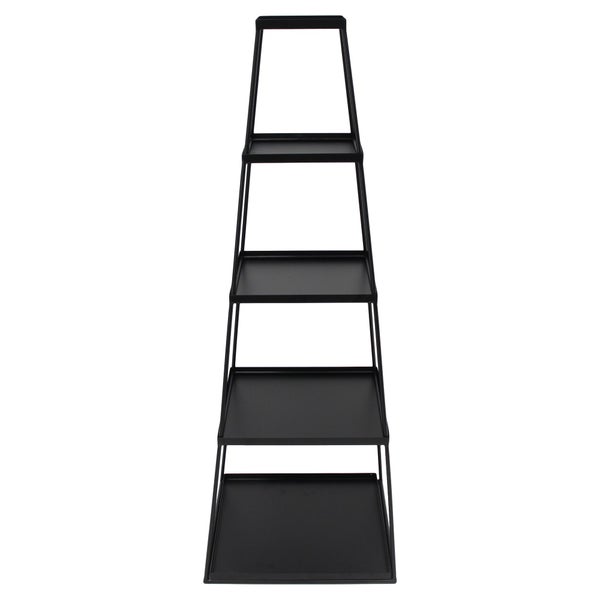 Schwarzes Pflanzenregal in Pyramidenform aus Metall mit fünf Ablagen.