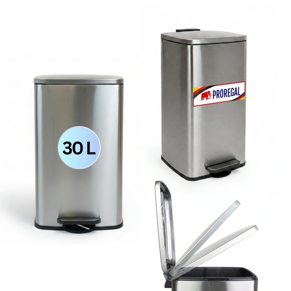 Treteimer aus Edelstahl mit 30 Liter Fassungsvermögen, Proregal Logo und Darstellung des schließenden Deckels.