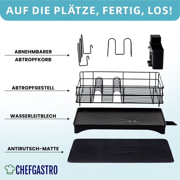 CHEFGASTRO Abtropfgestell Geschirr | HxBxT 15x42x31cm | Stahl | mit Besteckhalter, Tassenhalter, drehbarem Wasserablauf, Abtropfbrett & Trockenmatte, Geschirrabtropfgestell Abtropfständer