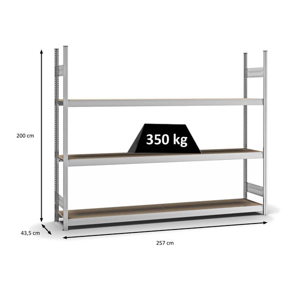 PROREGAL Weitspannregal Stecksystem T-Profil Grundregal HxBxT 200x250x40 cm 3 Ebenen Spanplatten Fachboden Fachlast 350 kg Verzinkt