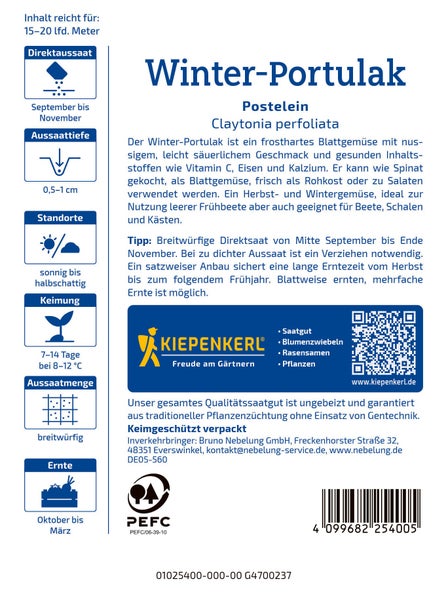 Saatguttüte Winter-Portulak Claytonia perfoliata von Kiepenkerl mit Anbauinformationen und Hinweisen zur Aussaat und Ernte.
