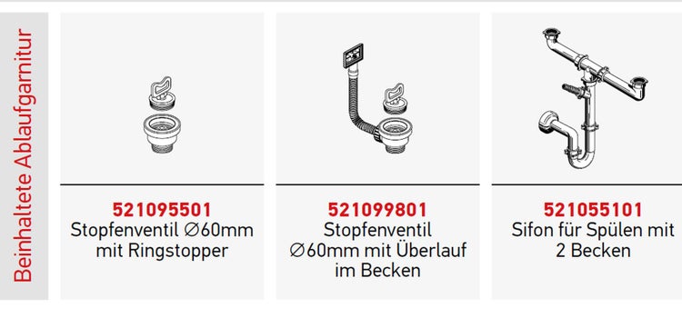 Ablaufgarnituren mit Stöpselventil, Ringschließe und Siphon für Spülen