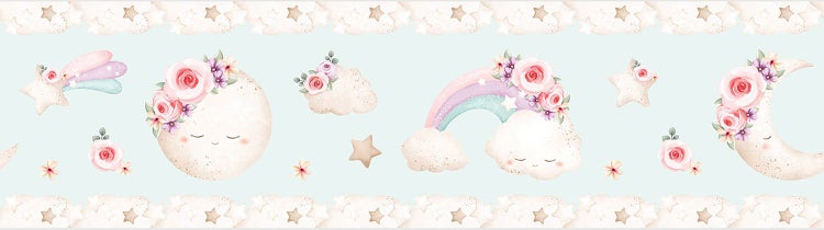 Wandtattoos Set Magic of Unicorn mit Einhörnern, Regenbogen, Schloss, Sternen und Herzen, Maße 30 Zentimeter mal 30 Zentimeter.