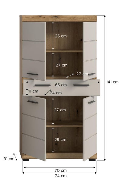 Moderner hoher Schrank mit weißen Fronten und Holzkorpus in einem organisierten Raum mit Fliesenwand und Dekoration.