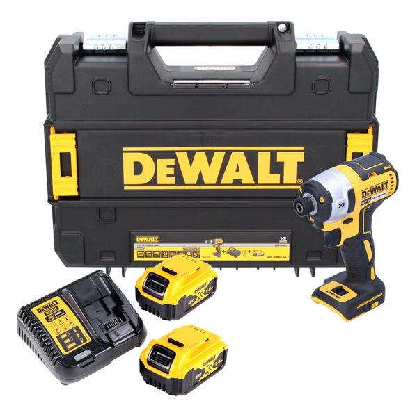DeWalt Akku-Schlagschrauber Set mit zwei 18 Volt 5,0 Amperestunden Lithium-Ionen-Akkus, Ladegerät und Transportkoffer.