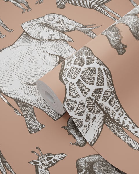 Tapetenrolle mit Tiermuster inklusive Elefanten, Giraffen, Zebras, Warzenschweinen und Affen