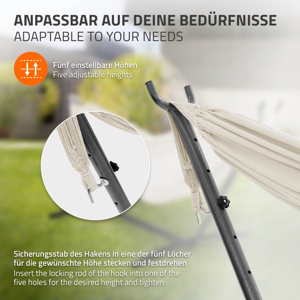 ML-Design Doppel Hängematte mit Stahlgestell, Beige, Platz für 2 Personen, Indoor & Outdoor, XXL Hängesessel mit Tragetasche, Hängemattengestell, Doppelhängematte mit Ständer, für Garten & Balkon