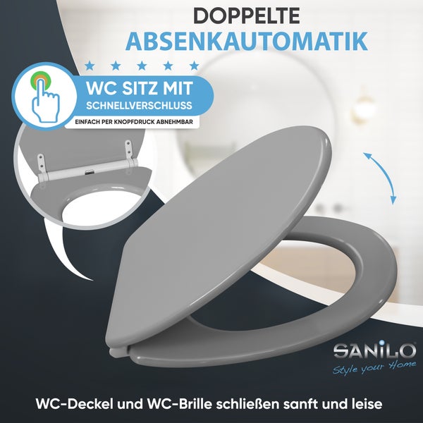Sanilo Toilettensitz mit doppelter Absenkautomatik und Schnellverschluss, per Knopfdruck abnehmbar. Sanilo Logo.