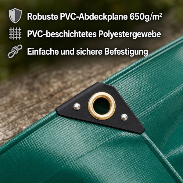 Robuste PVC Abdeckplane mit 650 Gramm pro Quadratmeter, PVC beschichtetes Polyestergewebe mit Ösen zur einfachen und sicheren Befestigung.