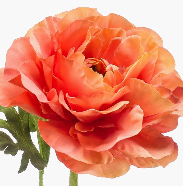 Künstliche Ranunkel mit lachsfarbenen Blütenblättern und grünem Stiel.