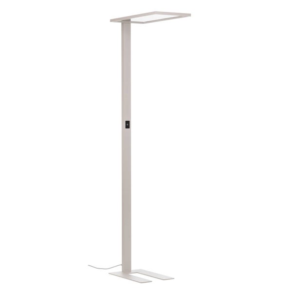 Moderne LED-Stehleuchte mit flachem, rechteckigem Kopf und schmalem Standbein.