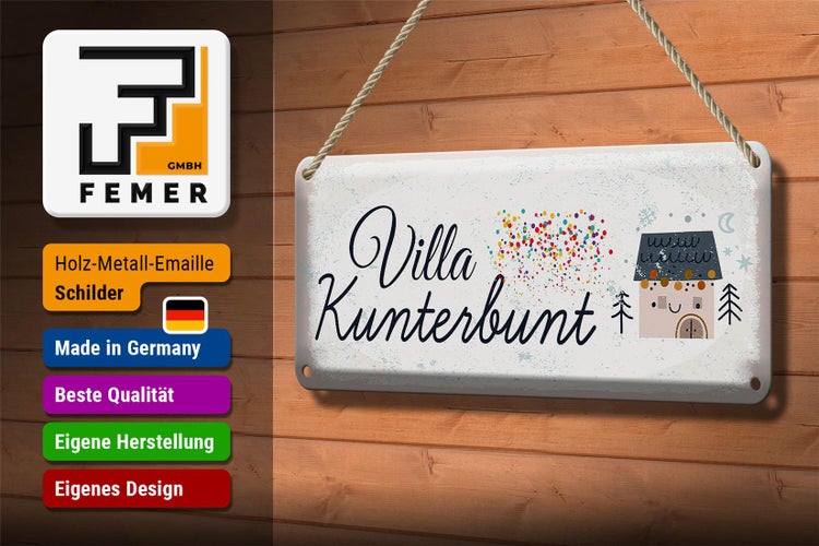 Blechschild Spruch Haus Villa Kuntebunt bunt 27x10cm Dekoration