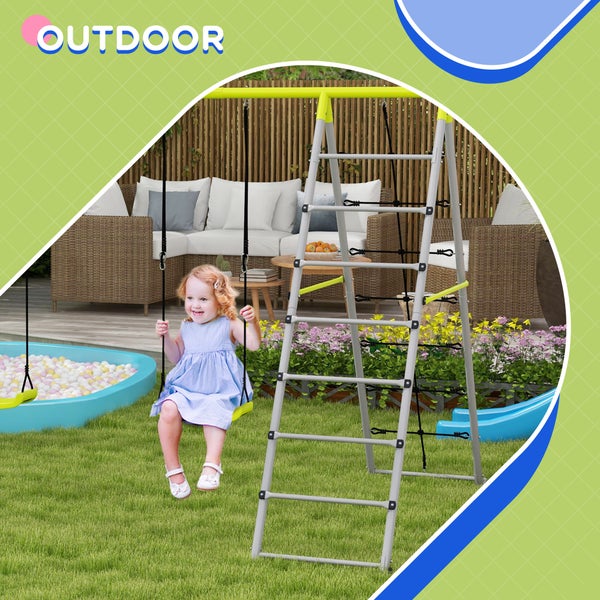Outsunny Kinderschaukel-Set Schaukelgerüst aus Metall, Schaukelgestell mit Doppelschaukel, Kletternetz, Sprossenleiter, Gartenschaukel für Kinder 3-8 Jahre, Stahl, Grün