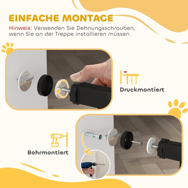 Infografik zeigt zwei Montagearten für ein Schutzgitter: Druckmontage ohne Bohren und Montage durch Bohren und Verschrauben an der Wand.
