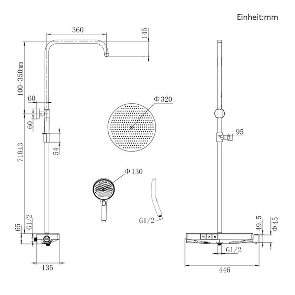 Technische Zeichnung eines Duschsystems mit Kopfbrause und Handbrause inklusive aller Maßangaben in Millimeter.