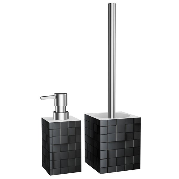 Badaccessoires Set bestehend aus Seifenspender und WC Garnitur mit Mosaik Optik aus Kunststoff und Edelstahl