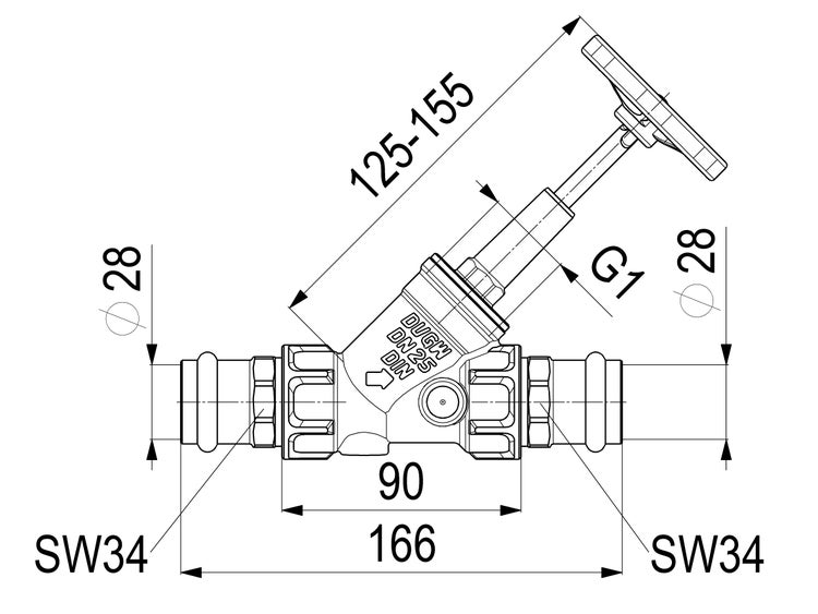 Technische Zeichnung eines Schrägsitzventils mit Pressanschluss, Durchmesser 28 Millimeter, Nenndurchmesser 25, Maße in Millimeter.