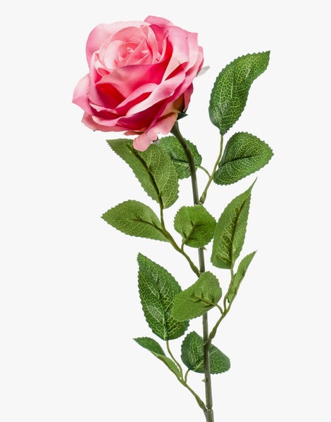 Künstliche Rose mit Stiel, grünen Blättern und rosafarbener Blüte.