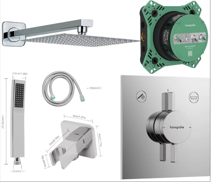 HANSGROHE IBOX 2 + DUO TURN E + Kreabad Duschset Regendusche 30cm, Brausearm, Wandhalter mit Handbrause Set, Brauseset verchromt