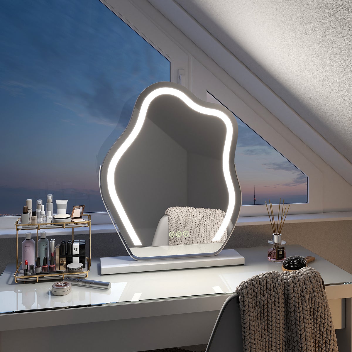 EMKE Schminkspiegel mit Beleuchtung Unregelmäßige Kurve Kosmetikspiegel 360° Drehbar, Touchschalter, 3 Lichtfarben Dimmbar und Memory-Funktion Höhe 45 cm Weiß Rahmen