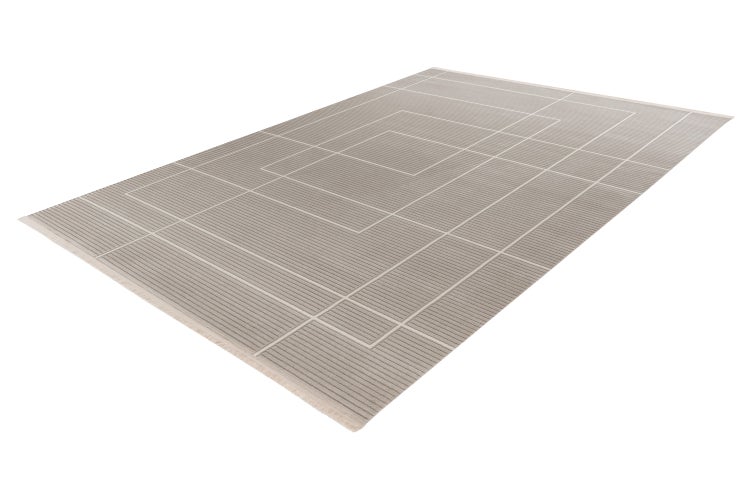 Rechteckiger Teppich mit geometrischem Linienmuster und kurzen Fransen an den schmalen Seiten