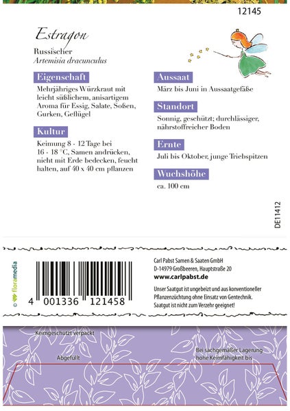 Rückseite einer Samentüte für Russischen Estragon mit Informationen zu Aussaat, Standort, Ernte und einer Wuchshöhe von circa 100 Zentimetern.