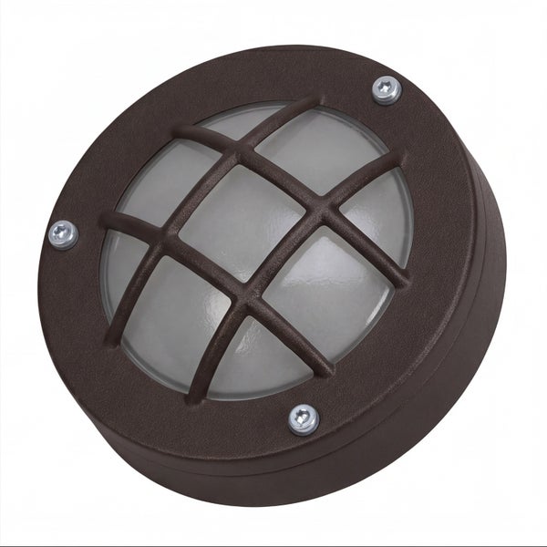 Runde Außenwandleuchte aus Metall mit Schutzgitter und mattierter Glasabdeckung.