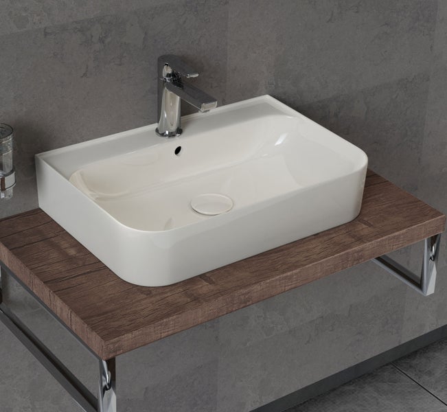 Aqua Bagno You Aufsatzwaschbecken 10.15.30.01 – 55 x 38 cm – Weiß Hochglanz – Keramikbecken mit Hahnloch & Überlauf
