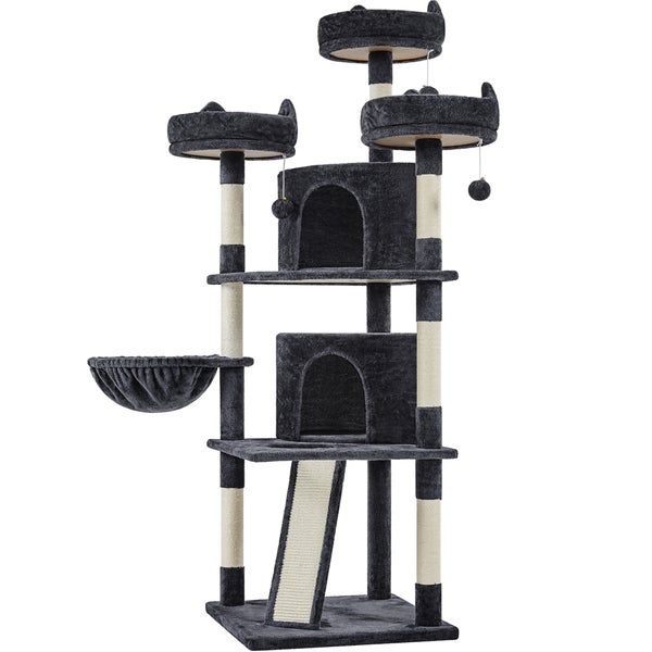 Mehrstöckiger Katzenbaum mit Kratzbaumstämmen, Plattformen und Katzenhöhlen.