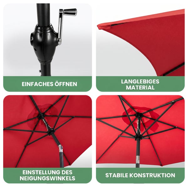 Sonnenschirm mit Kurbel zum Öffnen, Neigungsverstellung, strapazierfähigem Material und stabiler Strebenkonstruktion.
