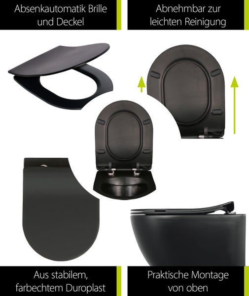 aquaSu® Spülrandloses Wand WC in matt schwarz, Tiefspüler, Inklusive WC-Sitz mit Absenkautomatik, Toilettendeckel aus Duroplast, Abgang waagerecht, Hänge WC zur Wandmontage, 048859
