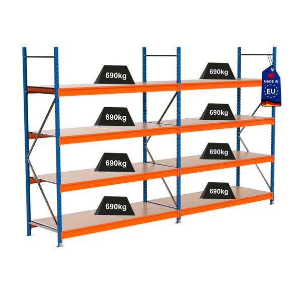 Industrielles Schwerlastregal mit Regalböden, belastet mit Gewichten von 690 Kilogramm, Hergestellt in EU Kennzeichnung