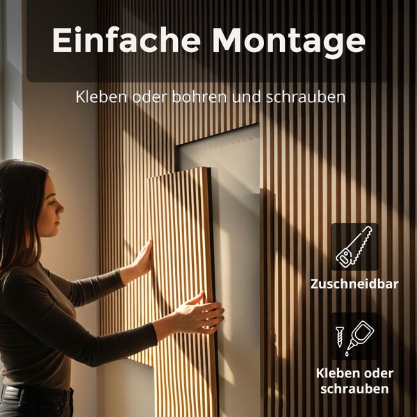 Einfache Montage eines Wandpaneels mit Holzlamellen durch Kleben oder Schrauben. Das Paneel ist zuschneidbar.