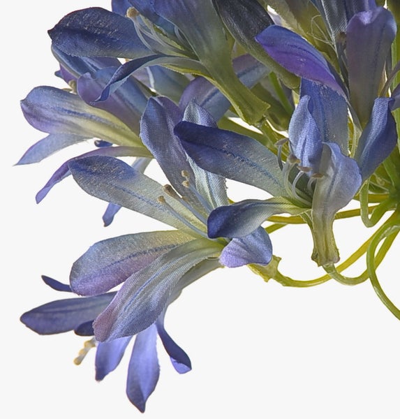 Künstliche Schmucklilie Agapanthus mit blauem Blütenkopf und langem grünem Stiel.