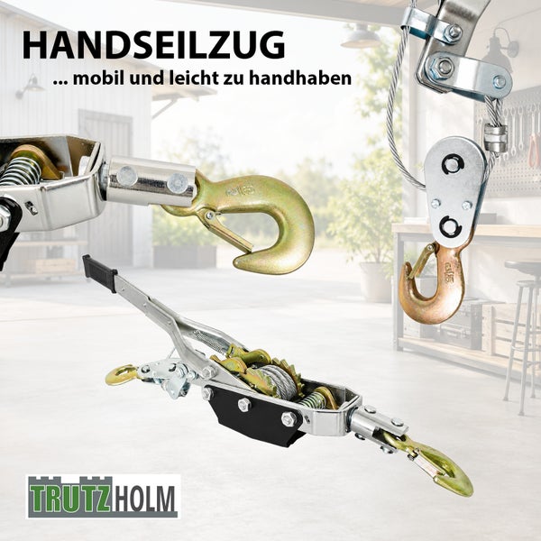 Trutzholm Handseilzug aus Metall mit Haken und Ratschenmechanismus zur mobilen und einfachen Verwendung zum Ziehen von Lasten.