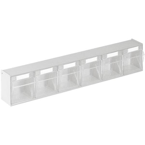 Kleinteilemagazin mit sechs transparenten Klappladen aus Kunststoff.