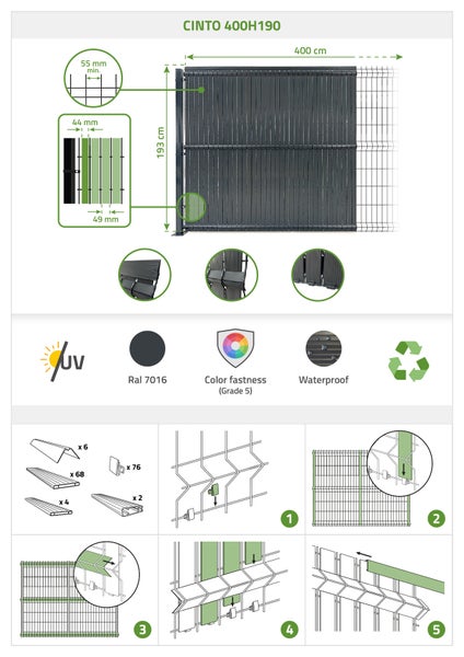 PVC-Sichtschutzlamellen-Set 4m CINTO H.190cm grau