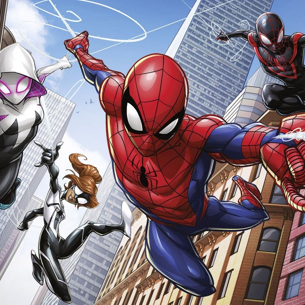 Comic-Szene mit Spider-Man und anderen Superhelden vor einem Hochhaus